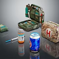 Essential Medical Equipment Including First Aid Kit Medical Bag Medicine Bottle And Syringe