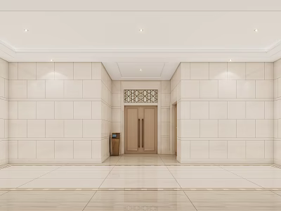 Modern Elevator Hallway Design With Smooth Marble Walls Polished Floors And Wooden Doors 3d model