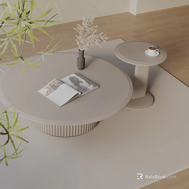Light Gray Sofa Coffee Table Set with Ribbed Round Tables Magazine Vase and Green Plants 3d model 