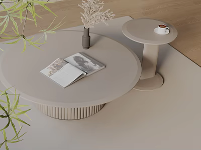 Light Gray Sofa Coffee Table Set with Ribbed Round Tables Magazine Vase and Green Plants 3d model