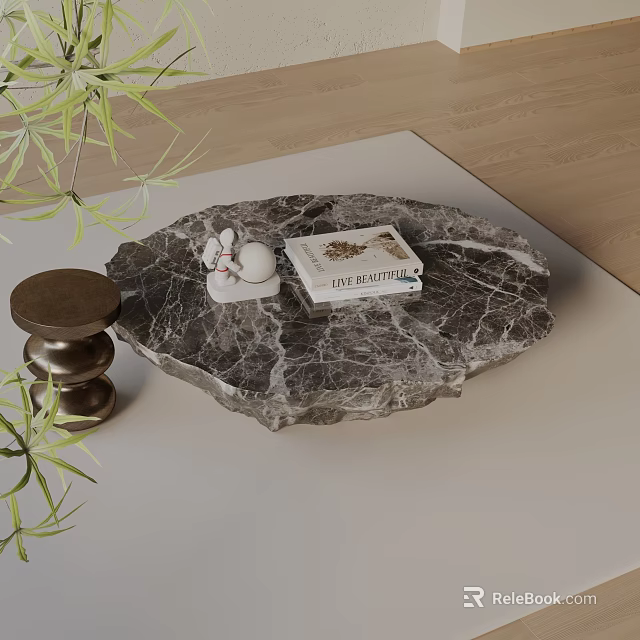 Sofa And Coffee Table Set With Round Marble Table Books Decor On Wooden Floor 3d model