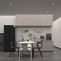 Modern Kitchen Interior Featuring Gray Cabinets Black Refrigerator White Dining Table And Black Chairs 3d model