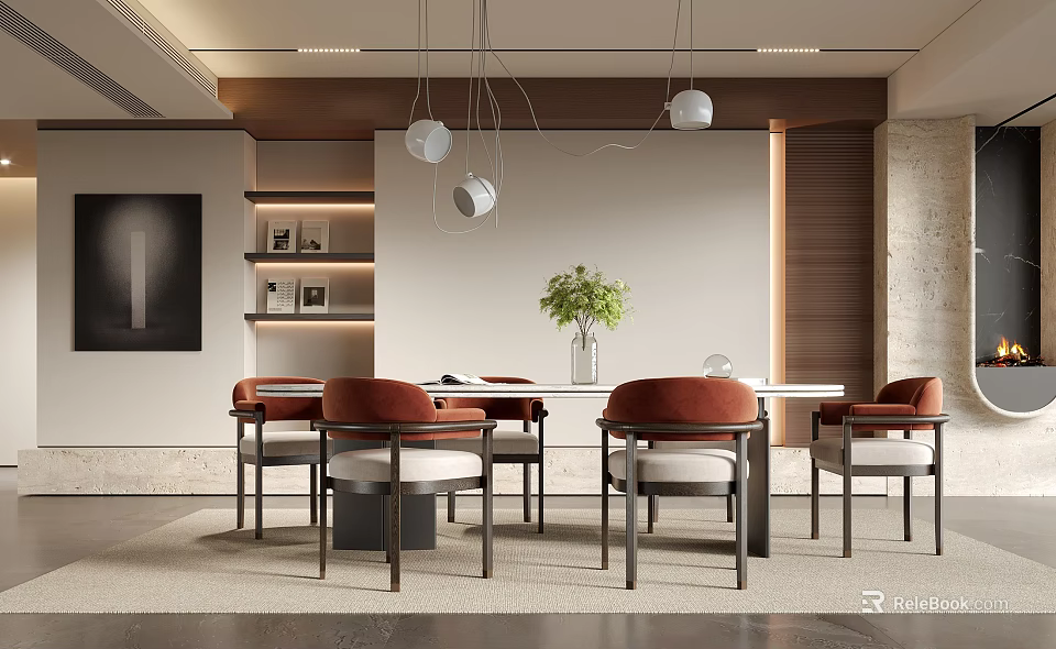 Modern Restaurant Interior With Round Table Red Chairs And Hanging Lights 3d model