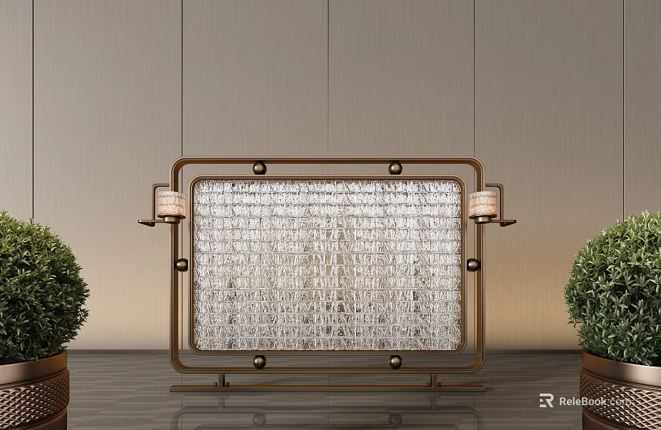 Crystal Decorated Gold Frame Screen With Candle Lamps On Both Sides Near Green Plants 3d model 