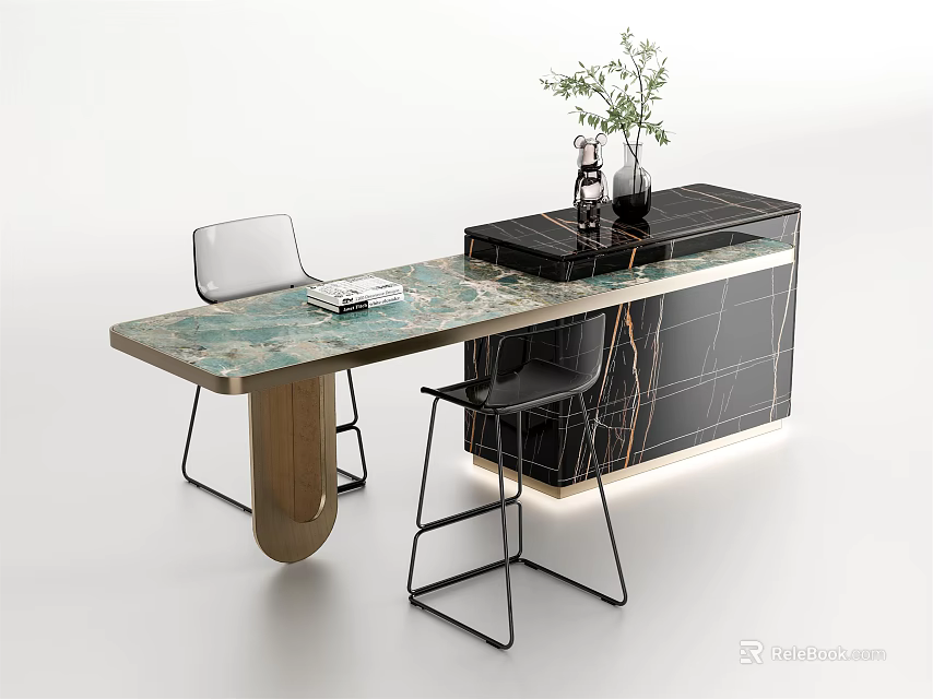 Modern Bar with Green Marble Countertop Black Cabinet Vase Plant Light Dark Chairs Wooden Legs 3d model 
