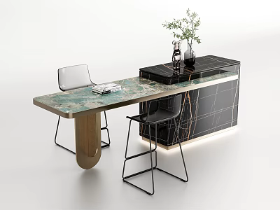 Modern Bar with Green Marble Countertop Black Cabinet Vase Plant Light Dark Chairs Wooden Legs 3d model