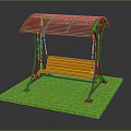 Outdoor Playground Swing With Brown Canopy Metal Frame Orange Wooden Seat And Green Grass Base