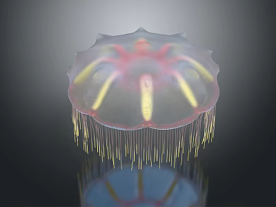 Aquatic Animal Jellyfish With Transparent Umbrella Body Red Center And Yellow Bioluminescent Tentacles 3d model