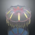 Aquatic Animal Jellyfish With Transparent Umbrella Body Red Center And Yellow Bioluminescent Tentacles