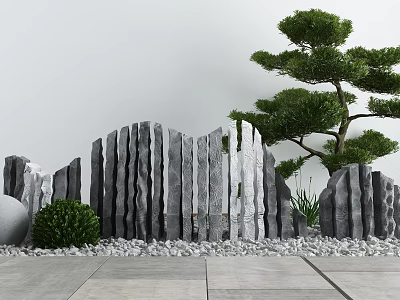 Wavy Stone Screen Garden Ornament With Pine Tree Small Shrubs And Pebbles 3d model