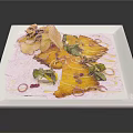 Delicious Yellow Main Dish With Green Vegetables Crispy Chips And Red Garnish On White Plate