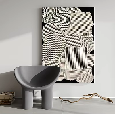 Modern Abstract Painting With Black White Lines And Geometric Shapes On Wall 3d model