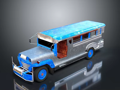 Vintage Blue And Silver Toy Bus With Retro Design And Brown Seats 3d model
