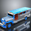 Vintage Blue And Silver Toy Bus With Retro Design And Brown Seats