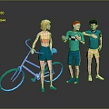 Three Cartoon Characters Including Blonde Female and Two Males with Blue Bicycle in Gray Background