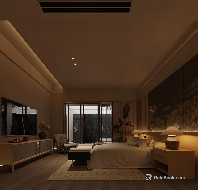 Modern Hotel Guest Room Interior With King Bed Table Lamps And Decorative Wall Art 3d model 