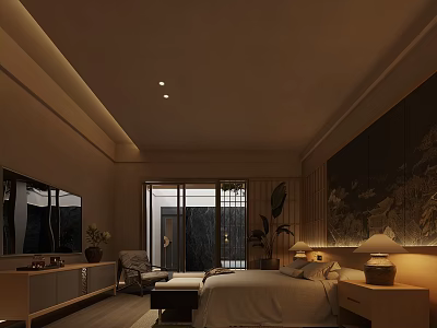 Modern Hotel Guest Room Interior With King Bed Table Lamps And Decorative Wall Art 3d model
