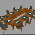 Oval Shaped Wooden Conference Table With Green Backrest Wheeled Chairs And Table Mats