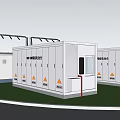 Outdoor Charging Station With Multiple White Units Yellow Warning Signs And Roadside Green Grass Trees