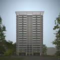 Modern High Rise Residential Building with Glass Facade and Illuminated Interior Surrounded by Green Trees