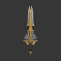 Ornate Fantasy Sword With Decorative Golden Accents Silver Details And Sharp Blade