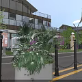 Roadside Facilities Including Bollards Chain Barriers Planters And Information Signs Near Buildings