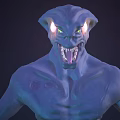 Blue Creature 3D Model Featuring Glowing Eyes Arm Ornaments Muscular Build Front And Back Views 3d model