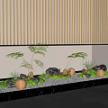 Modern Indoor Landscape With Green Plants Stone Moss Copper Planters And Wooden Striped Wall