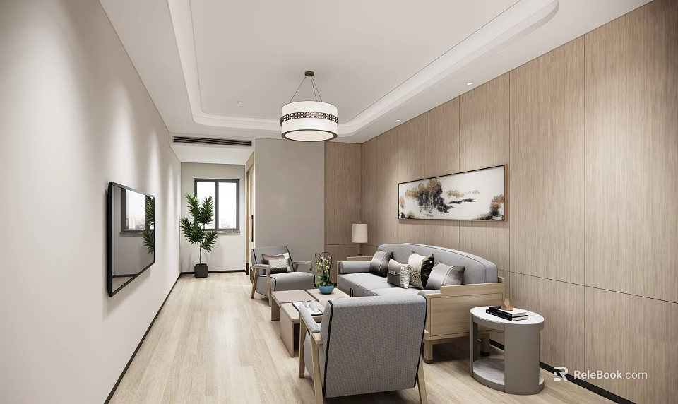 Modern Hotel Public Lounge Area With Cozy Sofa Coffee Table TV And Wooden Wall 3d model 