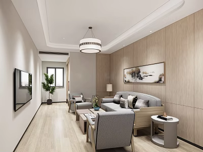 Modern Hotel Public Lounge Area With Cozy Sofa Coffee Table TV And Wooden Wall 3d model