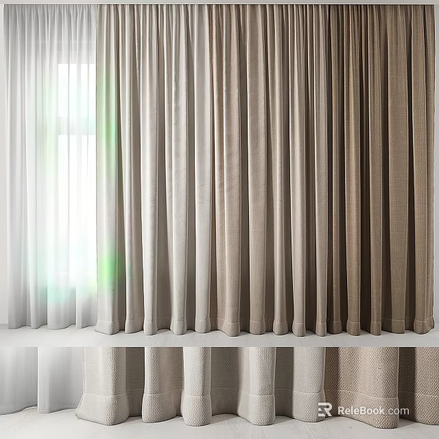 Beige And White Light Filtering Pleated Curtains For Bright Window View 3d model 