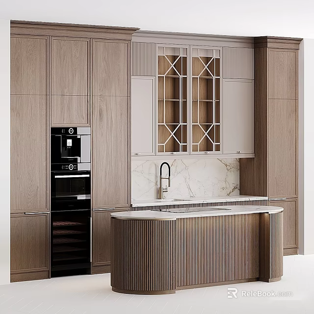 Wooden Kitchen Cabinets With Lattice Glass Doors Marble Countertop And Black Appliance 3d model 