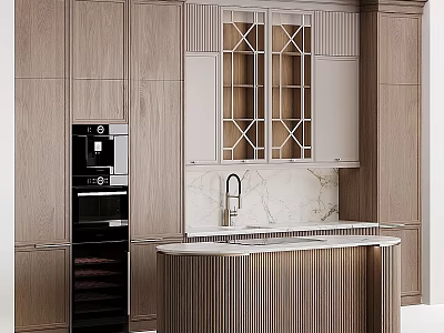 Wooden Kitchen Cabinets With Lattice Glass Doors Marble Countertop And Black Appliance 3d model