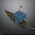 Traditional Wooden Boat With Blue Roof Small Cabin Red Flag And Yellow Trim