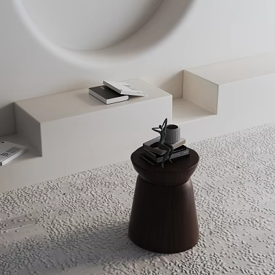 Stylish Dark Wood Side Table In Contemporary Interior With Books On White Platform 3d model