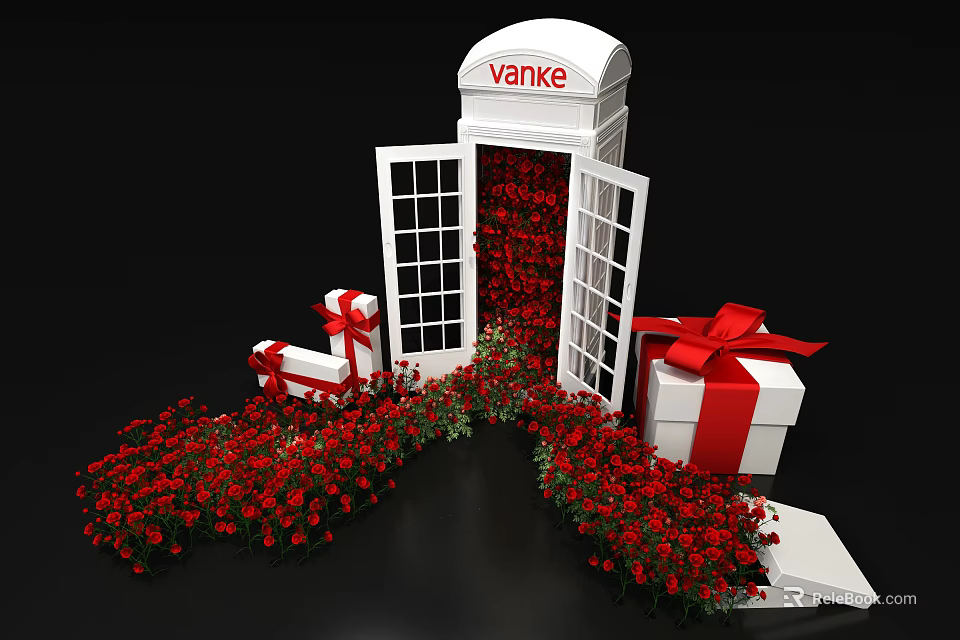 Vanke Themed Floral Display with Red Roses Phone Booth and Gift Boxes with Red Ribbons 3d model 