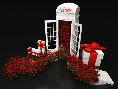 Vanke Themed Floral Display with Red Roses Phone Booth and Gift Boxes with Red Ribbons 3d model