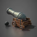 Vintage Cannon Weapon with Metal Barrel Wooden Carriage Wheels and Cannonball
