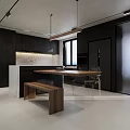 Modern Minimalist Living Dining Room With Wooden Wall Fireplace Blue Sofa Brown Armchair Round Rug