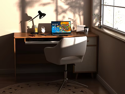 Furniture Showroom Displaying Wooden Desk White Chair Table Lamp And Laptop With Window Sunlight 3d model