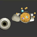 White Ceramic Vases Showing Intact Body And Broken Structure With Yellow Pellets And Fragments