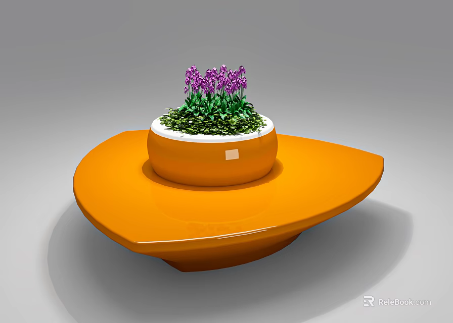 Orange Public Chair Design with Orange Planter Holding Purple Flowers and Green Plants 3d model 