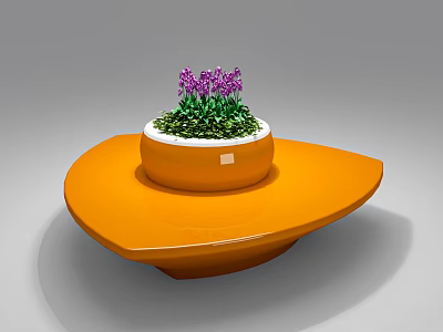 Orange Public Chair Design with Orange Planter Holding Purple Flowers and Green Plants 3d model