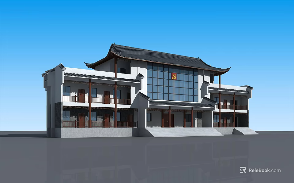 Traditional Chinese Style Building With Overhanging Eaves Modern Glass Wall And Red Emblem 3d model 