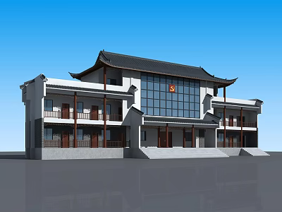 Traditional Chinese Style Building With Overhanging Eaves Modern Glass Wall And Red Emblem 3d model