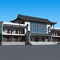 Traditional Chinese Style Building With Overhanging Eaves Modern Glass Wall And Red Emblem