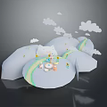 Fairy Tale Scene With Fluffy Clouds Green Hills Rainbow And Small Animals
