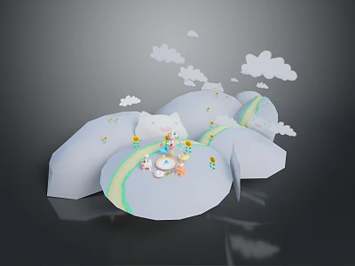 Fairy Tale Scene With Fluffy Clouds Green Hills Rainbow And Small Animals 3d model