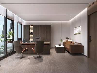 Modern Office Interior With Large Windows Desk Chairs Sofa Area And Wooden Bookshelf 3d model