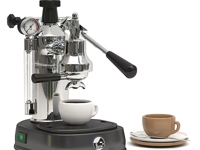 Manual Espresso Machine With Pressure Gauge And Coffee Cups In Kitchen 3d model